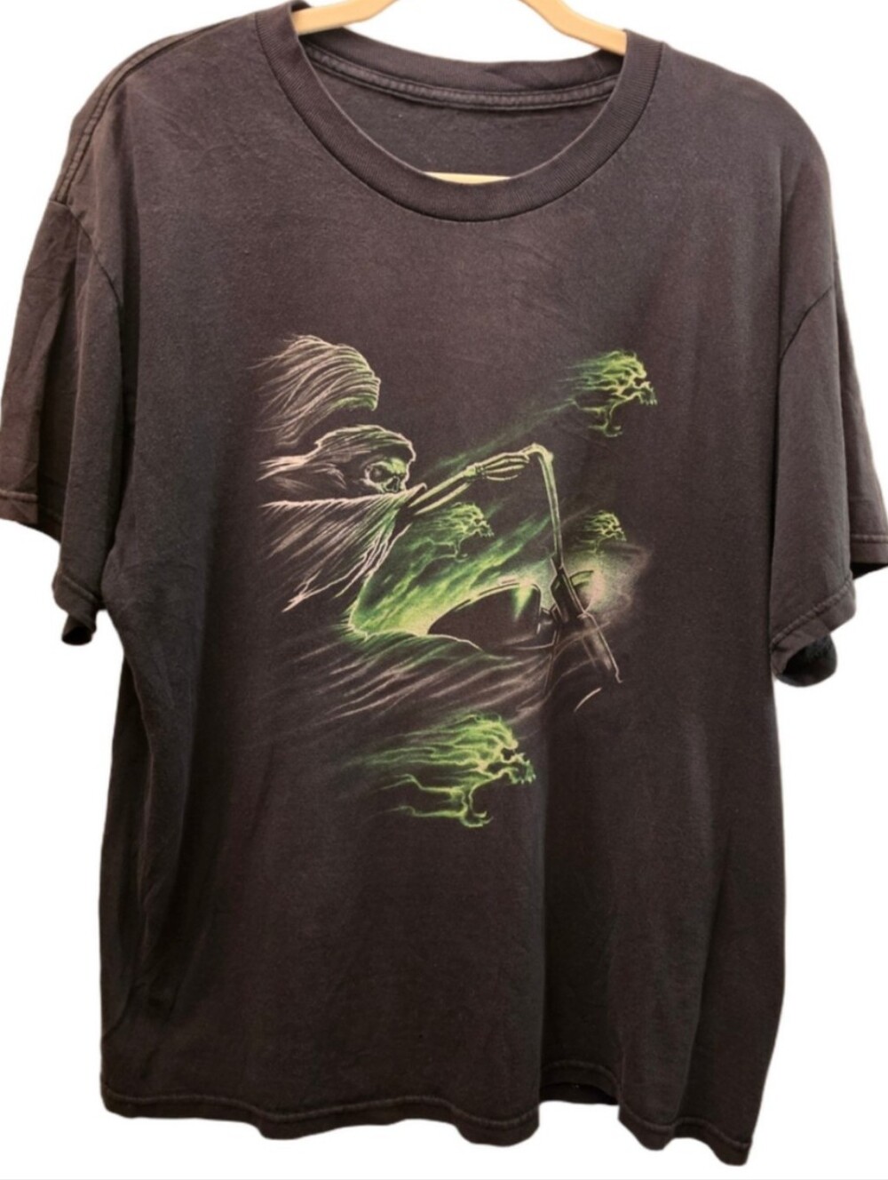 Grim Reaper Motorcycle Biker Graphic Tee Gothic Y2K Charcoal L